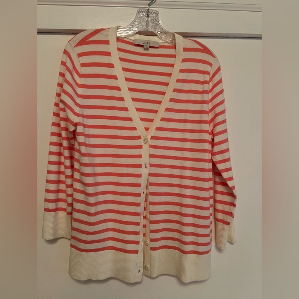 LOFT Women's Striped Cardigan Sweater - coral and White